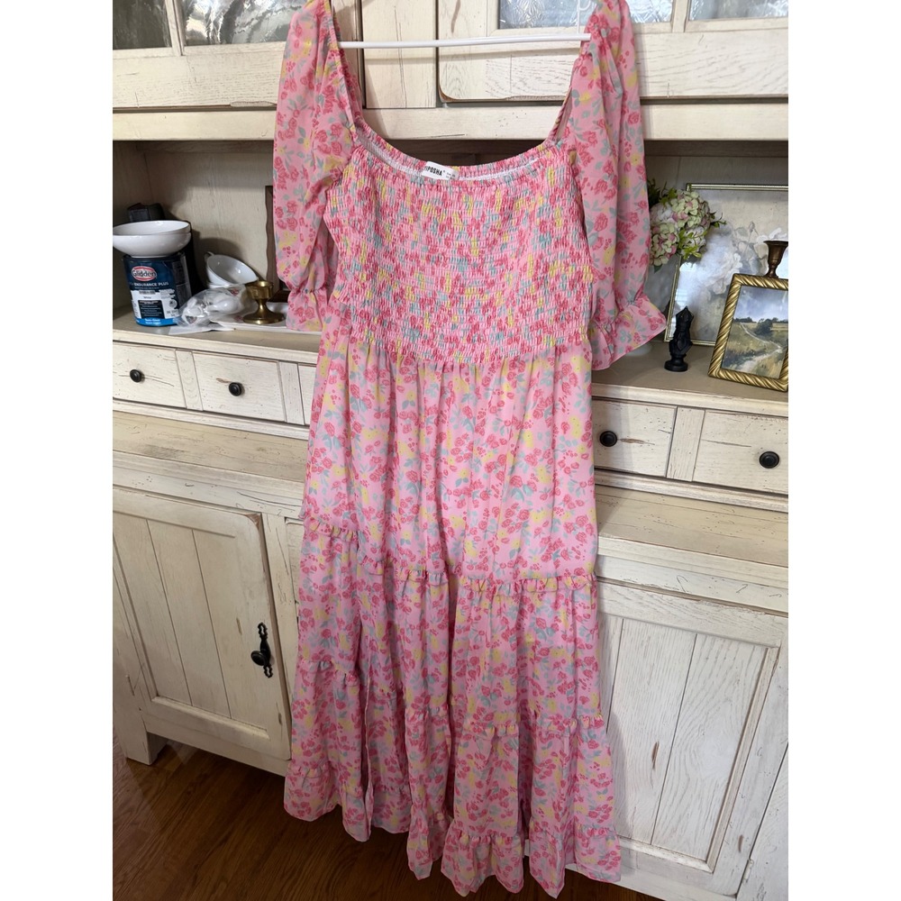 R.YIPOSHA Pink Floral Smocked Maxi Dress XXL 20/22 Puff Sleeve Cottagecore